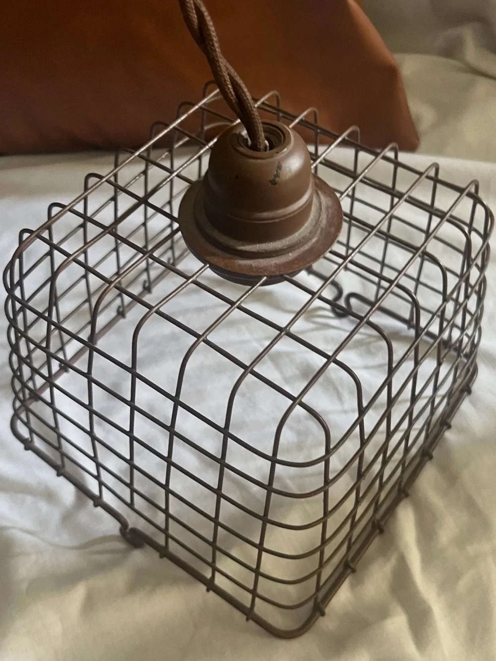 Vintage Industrial Wire Cage Pendant Light - Rustic Brown Primative